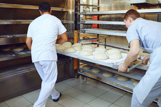 Bakers Are Pushing A Tray Of Bread Into The Oven At The Bakery.