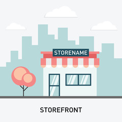 Store retail vector illustration, flat design of shop building on city street.