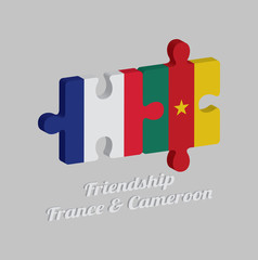 Jigsaw puzzle 3D of France flag and Cameroon flag with text: Friendship France & Cameroon. Concept of Friendly between both countries.