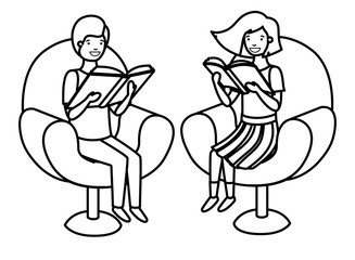 couple of children sitting in sofa with book avatar character