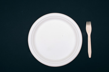 No to plastic. Wooden, eco-friendly paper plate and fork on dark background, top view. Time to change. New rules to reduce plastic waste, EU directive. Ban single use plastic. 