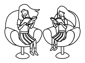 women sitting in sofa with book avatar character