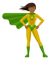 An Asian superhero cartoon mascot woman in her green and yellow super hero costume compete with cape in a flat modern cartoon style