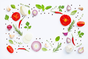 Various fresh vegetables and herbs on white background. Healthy eating concept