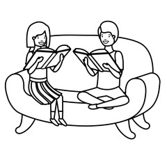couple of children sitting in sofa with book avatar character