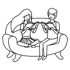 couple of children sitting in sofa with book avatar character