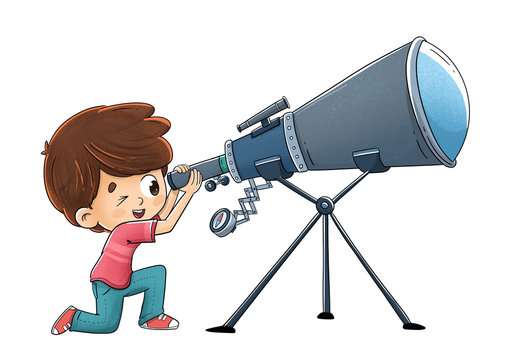 Ni&ntilde;o mirando por un telescopio hacia al espacio