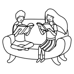 couple of children sitting in sofa with book avatar character