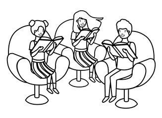 group of people sitting in sofa with book avatar character