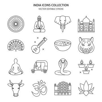 India icons set in thin line style