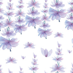 Gentle spring background, violet flowers pattern. Watercolor seamless pattern, violet flowers, hand-drawn, isolated on white background	