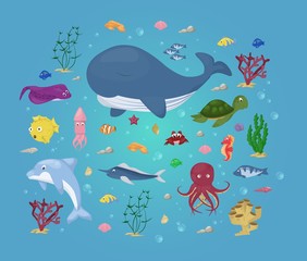 Sea animals vector water plants ocean fish cartoon illustration undersea water marine aquatic character life.