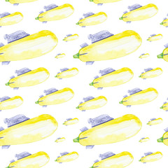 Vegetable zucchini in the form of a submarine. Comic watercolor illustration isolated on white background.Seamless pattern