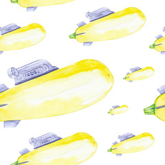 Vegetable zucchini in the form of a submarine. Comic watercolor illustration isolated on white background.Seamless pattern