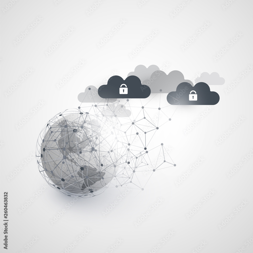 Poster cloud computing and global networking design concept with earth globe and geometric mesh - digital n