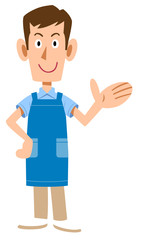 案内するエプロンを付けた男性