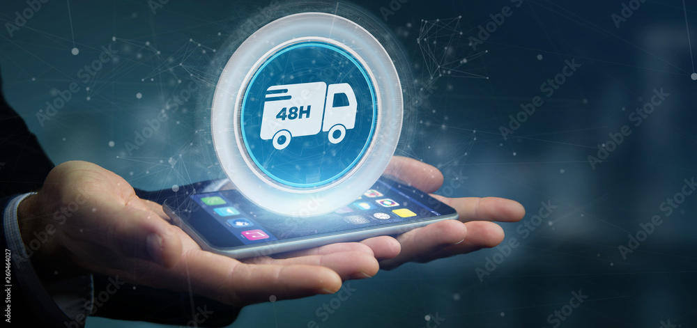 Poster businessman holding a fast delivery button with connection 3d rendering