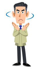 拒否のジェスチャーを示す工務店の男性