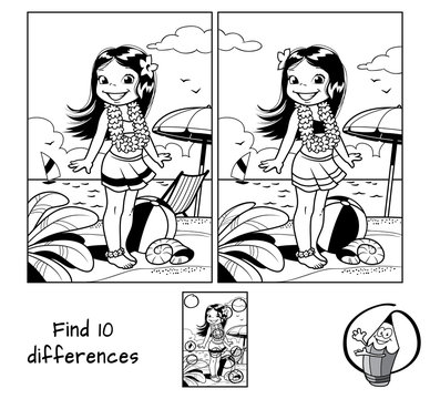Little hula girl at the beach wearing a Hawaiian garland. Find 10 differences. Educational matching game for children. Black and white cartoon vector illustration