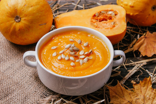 pumpkin soup on a wooden background