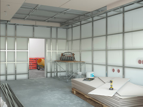 Drywall Installation In The Appartment Repair 3d Illustration