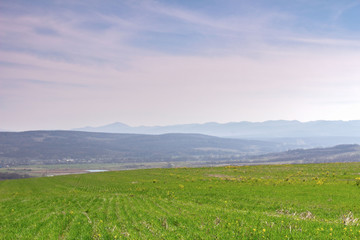 Fototapeta na wymiar green field on a background of mountains and blue sky