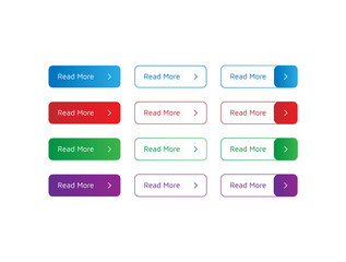Set of colorful buttons Read More with small arrow. Vector illustration on white background. Filled and outline buttons. Read more buttons with trendy gradients.