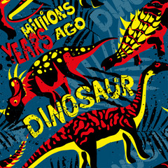 Popular modern style print with dino Styranosaurus for T-shirts, paper, textiles and fabric . Background with dinosaur for boys. Seamless pattern.