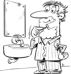 Vector illustration of a man shaving in front of the toilet mirror