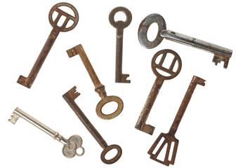 set of original weathered rusty keys isolated on white background