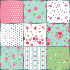 Spring patchwork background with different patterns for textile, gift wrap and scrapbook. Vector illustration.