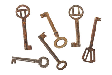 top view of set original vintage rusty keys isolated on white background