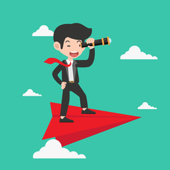 businessman with a telescope on Red Paper plane