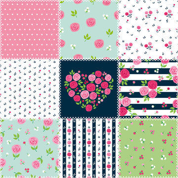 Spring patchwork background with different patterns for textile, gift wrap and scrapbook. Vector illustration.