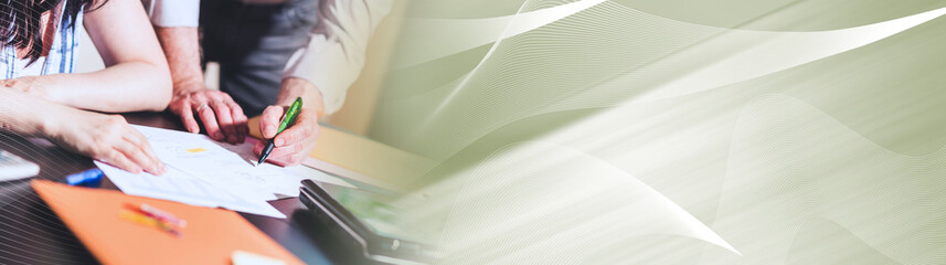 Coworkers working on business report, light effect. panoramic banner