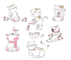 Cute baby cat cartoon hand drawn style,for printing,card, t shirt,banner,product.vector illustration