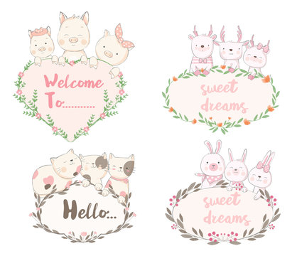 Cute baby animal with flower frame cartoon hand drawn style,for printing,card, t shirt,banner,product.vector illustration