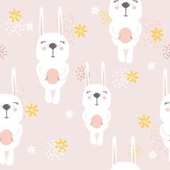 Rabbits with flowers, hand drawn backdrop. Colorful seamless pattern with animals. Decorative cute wallpaper, good for printing. Overlapping colored background vector