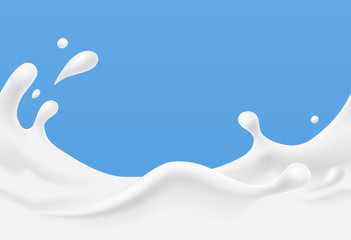 Milk splash seamless pattern. 3d realistic yogurt wave border on blue background. Vector milky package design. - obrazy, fototapety, plakaty