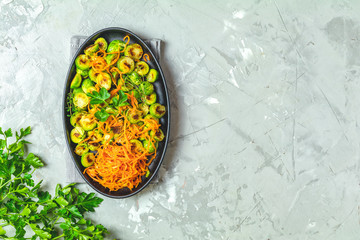 Roasted Brussels sprouts and marinated carrot chips