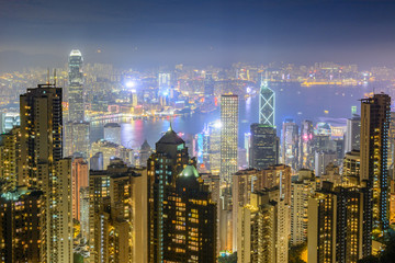 Obraz premium Hong Kong skyscrapers at night. View from Victoria peak in Hong Kong