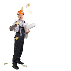 An engineer builder with documents and drawings in his hands, throws money and shows that he earns a very large amount of money. Joyful worker with euro in hand. Isolated.