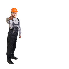 Builder engineer in a helmet palm prohibits gesture. Isolated