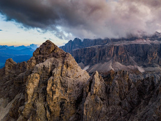 Dolomites, Italy. Landscape at Passo Gardena. Aerial photo