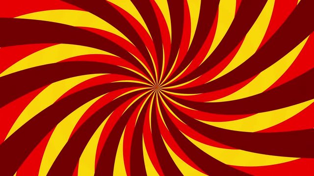 A hypnotic animation of two pinwheels moving in opposite directions, giving the illusion of blades ready to crush the viewer. Colors: red, yellow.
