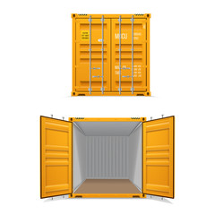 Realistic set of bright yellow cargo containers.   Open and closed. Delivery, transportation, shipping freight transportation