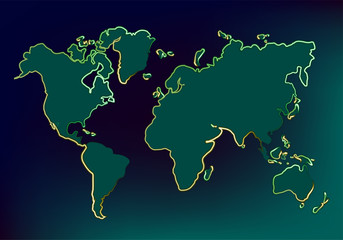 World map on a dark colored background with glowing neon contour.