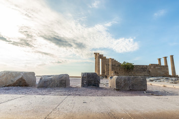 Obraz na płótnie Canvas Low angle view of antique remains of the acropolis of Lindos