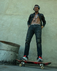 young attractive and serious black African American man riding skate board at grunge street corner...