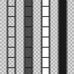 Set of different filmstrip roll on transparent background. 35mm film slide frame. Cinema frames.